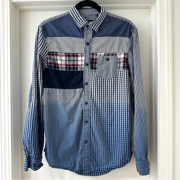 Desigual Men's Multicolor Patchwork Striped Gingham Button Down Shirt, Size M - Picture 1 of 10